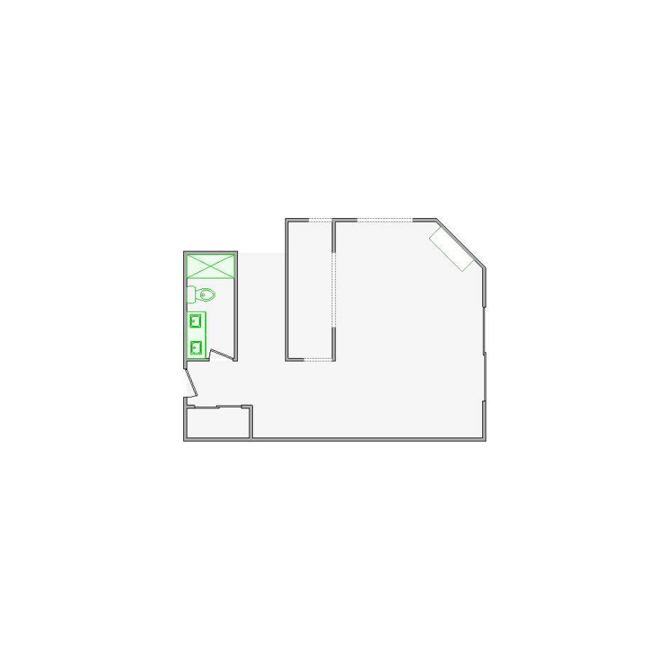 Detailed interior sketch for Xactimate (501-1000 SF) for damage assessment and restoration. Includes doors, windows, ceilings, kitchen and bathroom symbols.