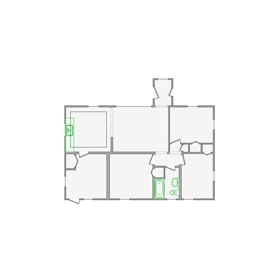 Detailed interior sketch for Xactimate (501-1000 SF) for damage assessment and restoration. Includes doors, windows, ceilings, kitchen and bathroom symbols.