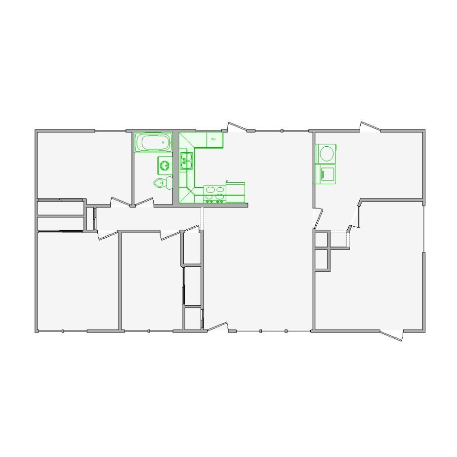 Detailed interior sketch for Xactimate (1001-1500 SF) for damage assessment and restoration. Includes doors, windows, ceilings, kitchen and bathroom symbols.