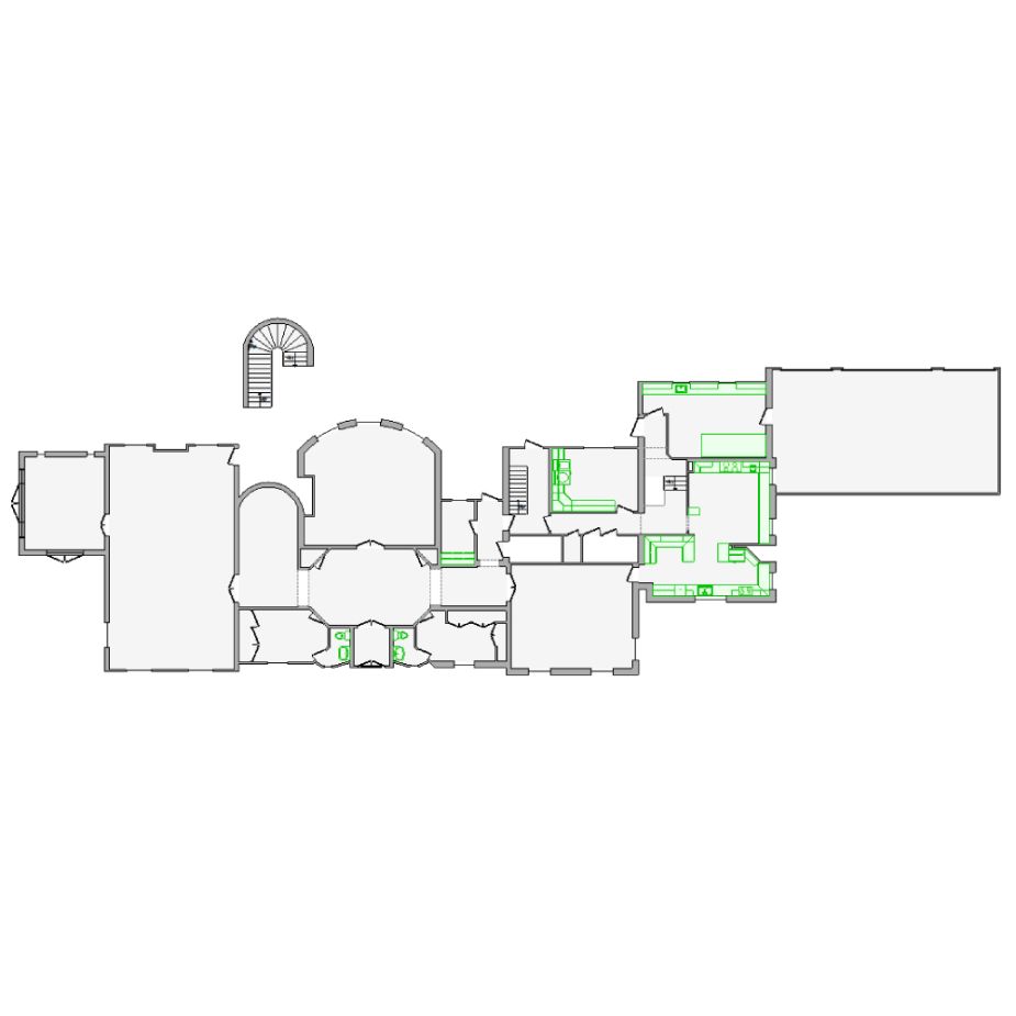 Detailed interior sketch for Xactimate (12001-17000 SF) for damage assessment and restoration. Includes doors, windows, ceilings, kitchen and bathroom symbols.