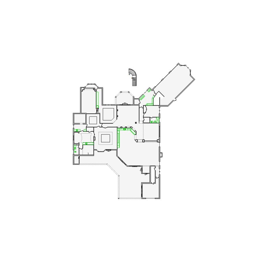 Detailed interior sketch for Xactimate (10001-12000 SF) for damage assessment and restoration. Includes doors, windows, ceilings, kitchen and bathroom symbols.