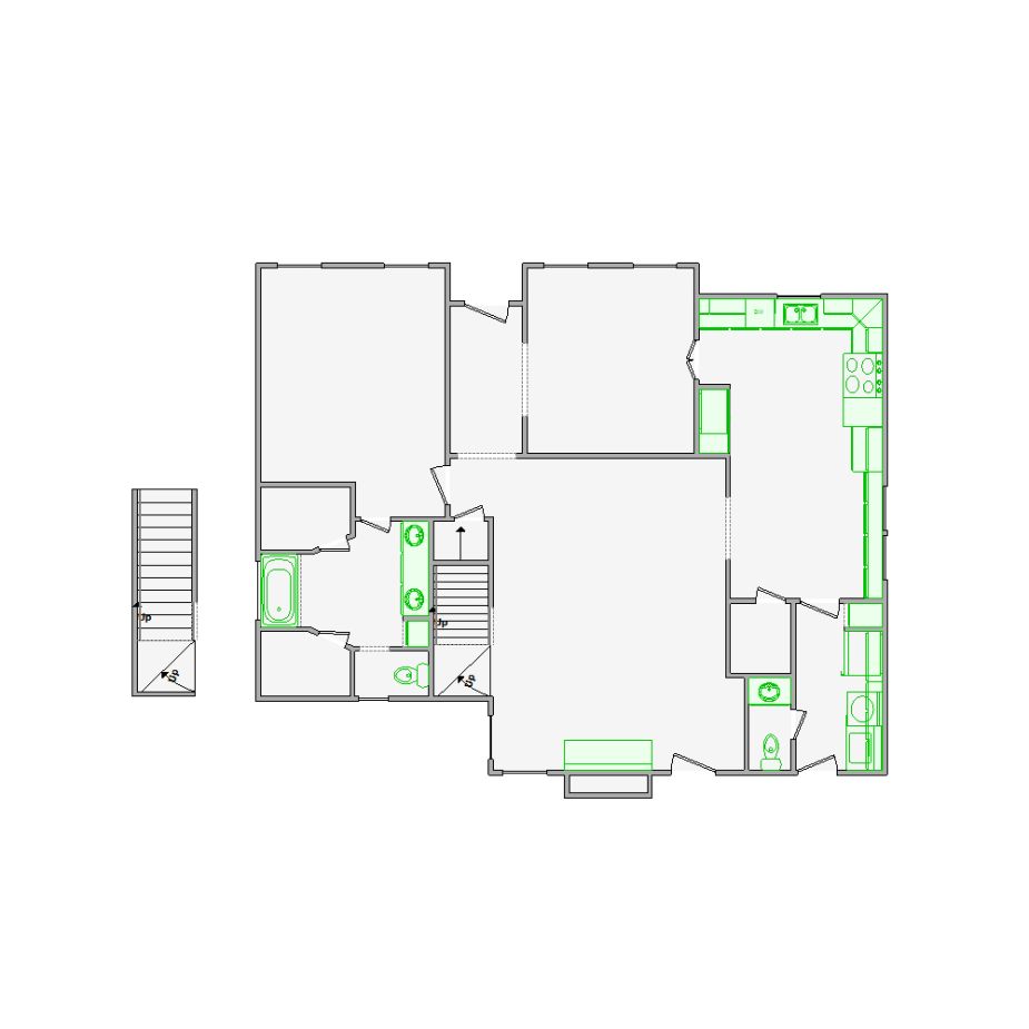 Detailed interior sketch for Xactimate (2001-2500 SF) for damage assessment and restoration. Includes doors, windows, ceilings, kitchen and bathroom symbols.