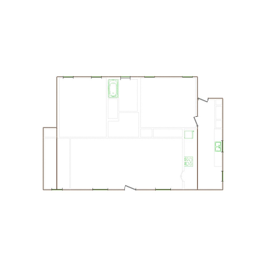 Simple exterior sketch based on interior layout (1001-1500 SF), either provided by the client or created by us, suitable for estimating in Xactimate.