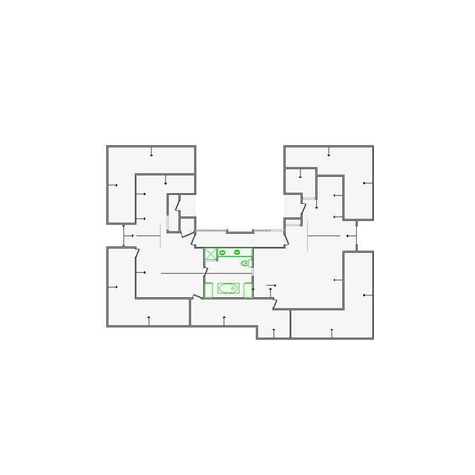 Detailed interior sketch for Xactimate (7001-10000 SF) for damage assessment and restoration. Includes doors, windows, ceilings, kitchen and bathroom symbols.