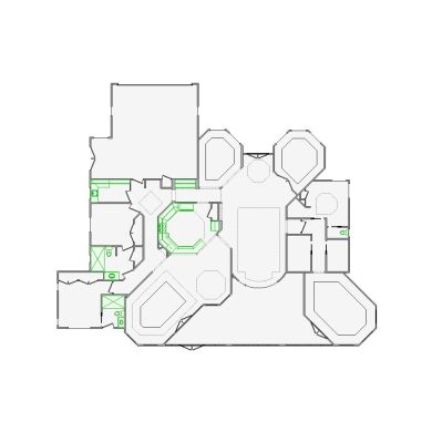 Detailed interior sketch for Xactimate (4501-5000 SF) for damage assessment and restoration. Includes doors, windows, ceilings, kitchen and bathroom symbols.