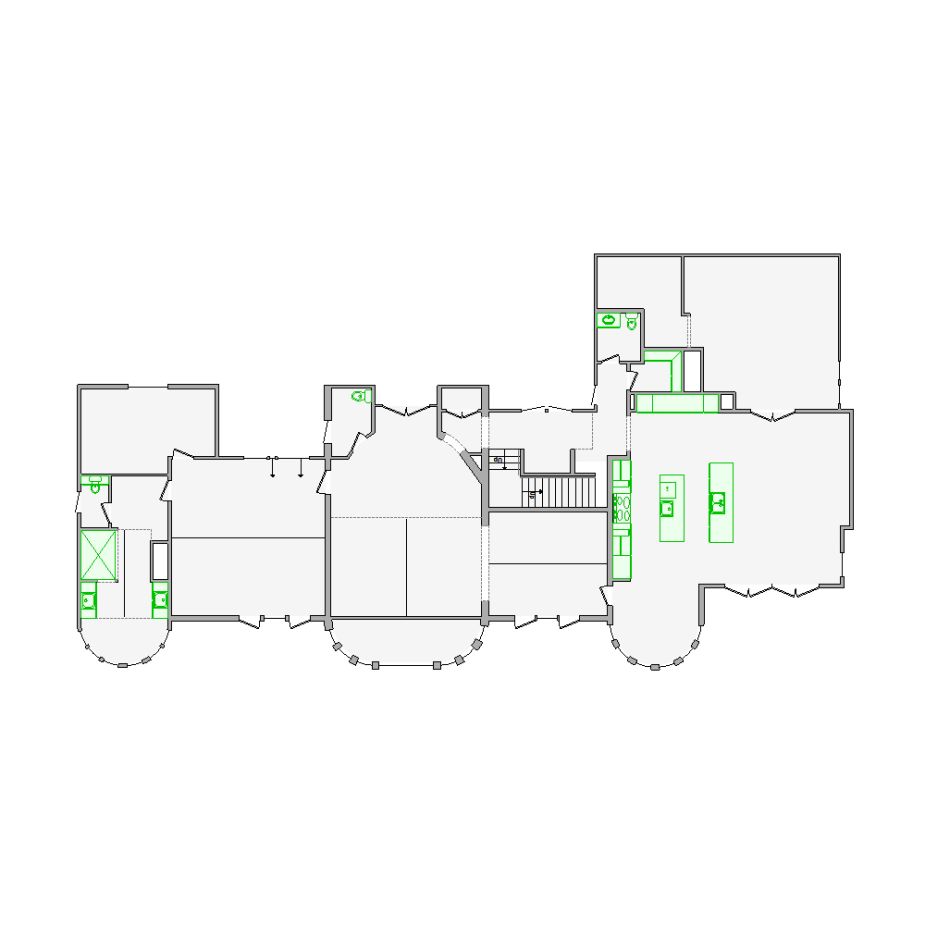 Detailed interior sketch for Xactimate (5001-5500 SF) for damage assessment and restoration. Includes doors, windows, ceilings, kitchen and bathroom symbols.
