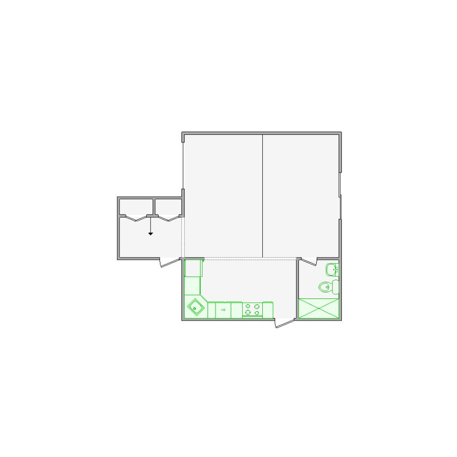 Detailed interior sketch for Xactimate (501-1000 SF) for damage assessment and restoration. Includes doors, windows, ceilings, kitchen and bathroom symbols.