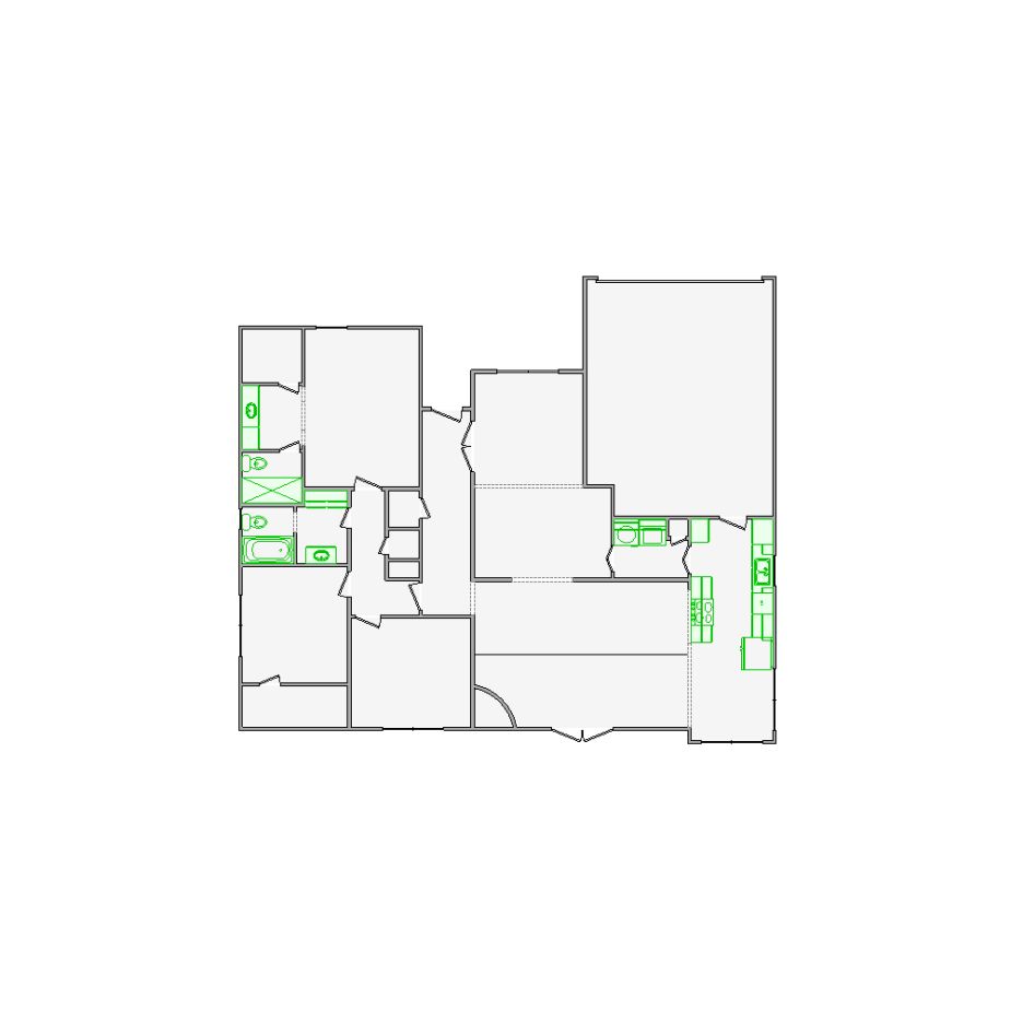 Detailed interior sketch for Xactimate (1501-2000 SF) for damage assessment and restoration. Includes doors, windows, ceilings, kitchen and bathroom symbols.
