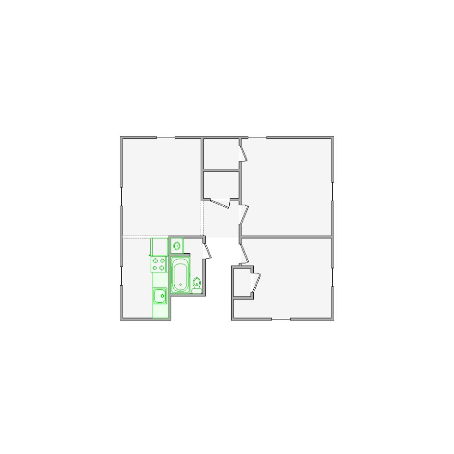 Detailed interior sketch for Xactimate (1001-1500 SF) for damage assessment and restoration. Includes doors, windows, ceilings, kitchen and bathroom symbols.