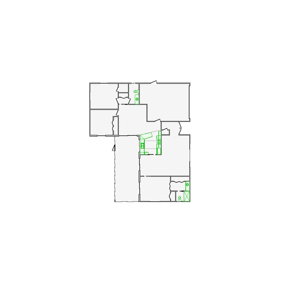 Detailed interior sketch for Xactimate (2001-2500 SF) for damage assessment and restoration. Includes doors, windows, ceilings, kitchen and bathroom symbols.