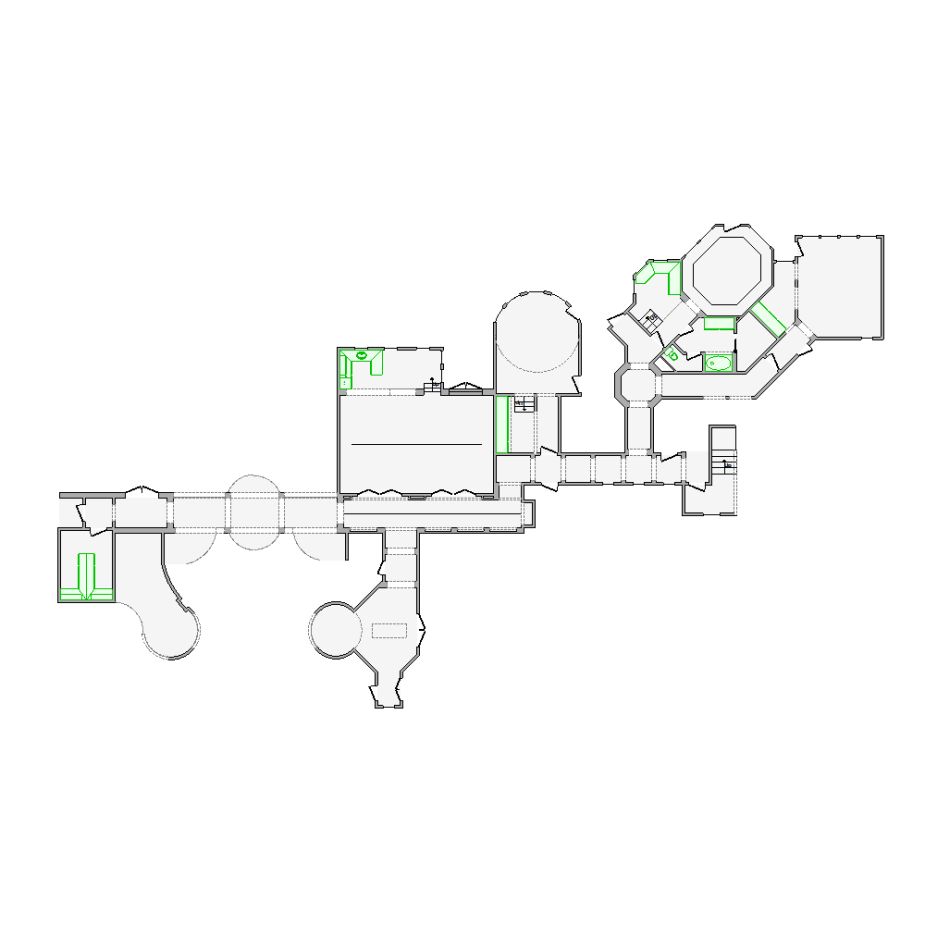 Detailed interior sketch for Xactimate (10001-12000 SF) for damage assessment and restoration. Includes doors, windows, ceilings, kitchen and bathroom symbols.
