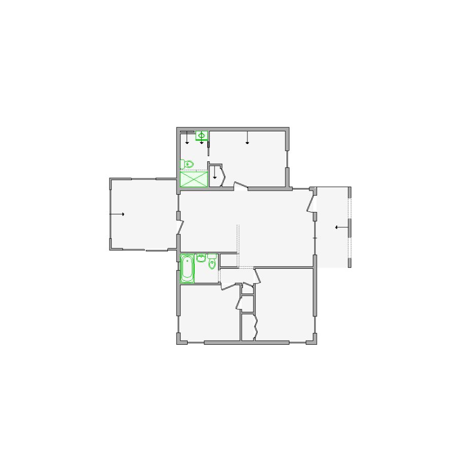 Detailed interior sketch for Xactimate (501-1000 SF) for damage assessment and restoration. Includes doors, windows, ceilings, kitchen and bathroom symbols.