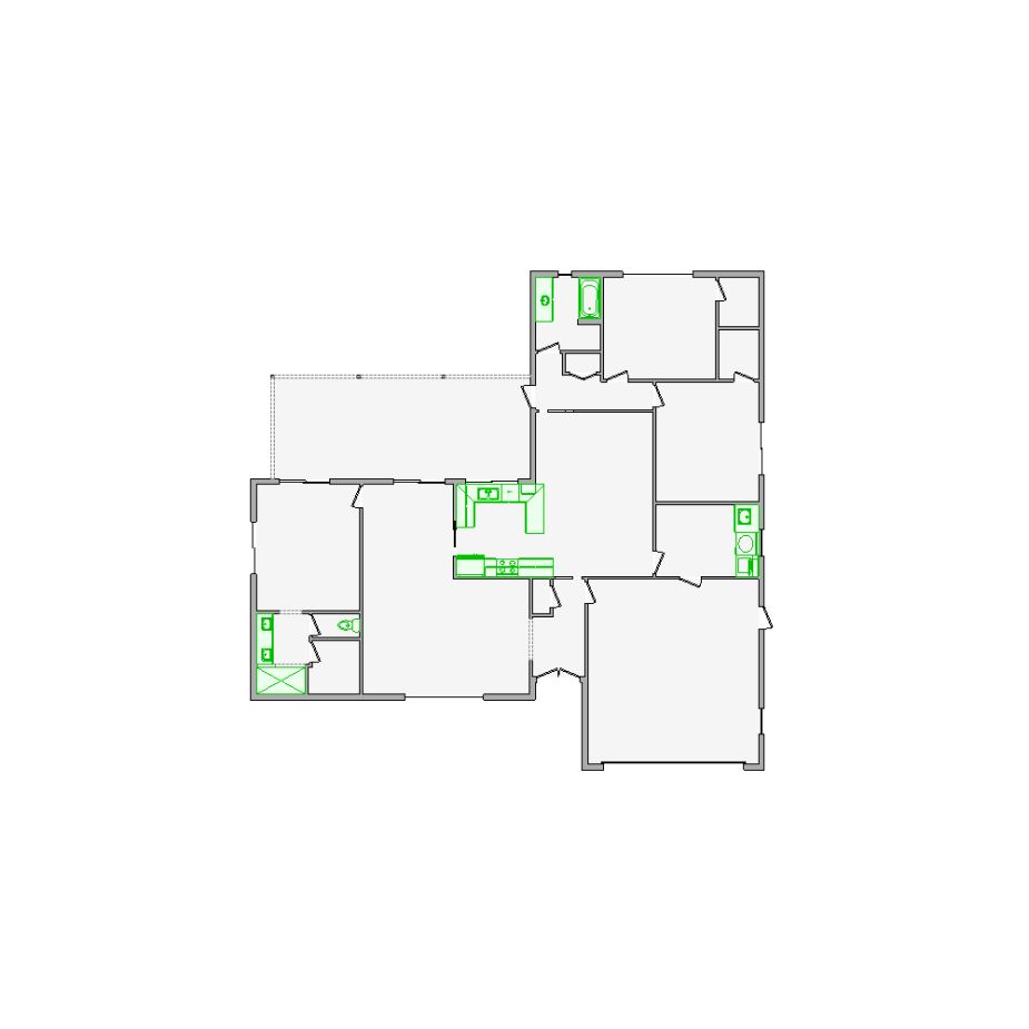 Detailed interior sketch for Xactimate (2001-2500 SF) for damage assessment and restoration. Includes doors, windows, ceilings, kitchen and bathroom symbols.