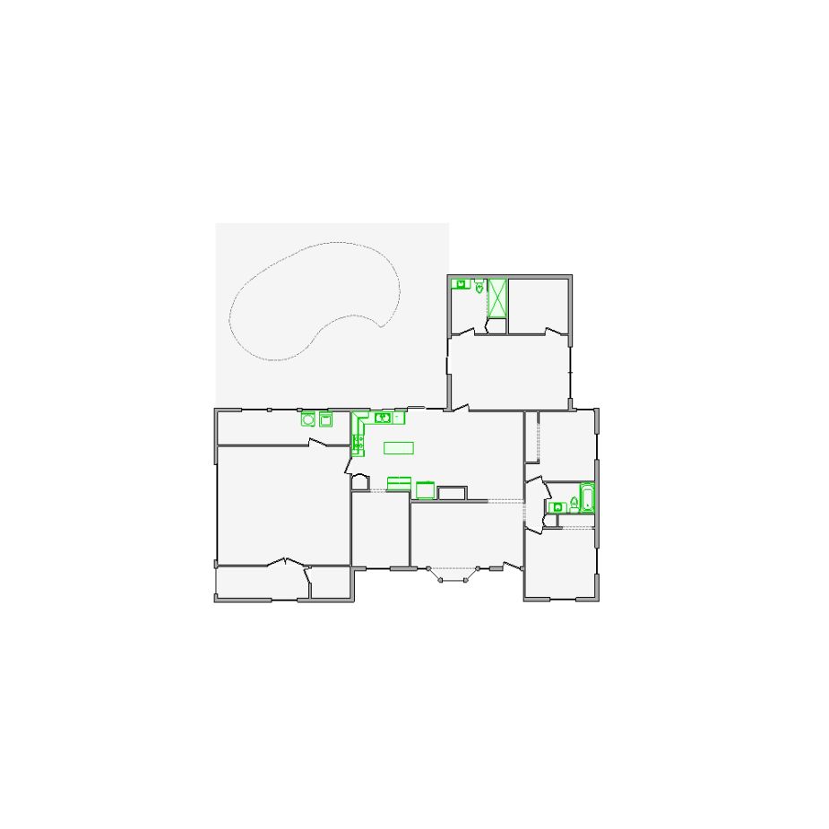 Detailed interior sketch for Xactimate (3001-3500 SF) for damage assessment and restoration. Includes doors, windows, ceilings, kitchen and bathroom symbols.