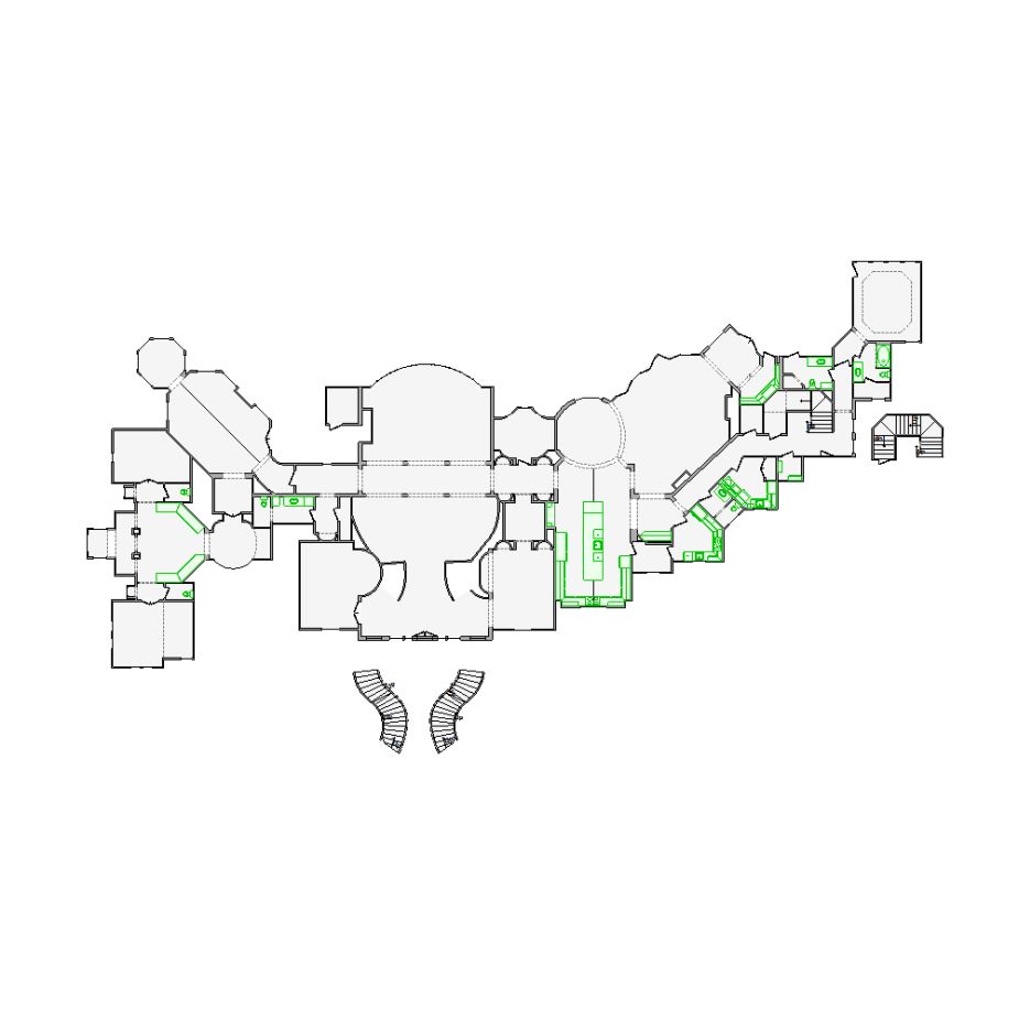 Detailed interior sketch for Xactimate (10001-12000 SF) for damage assessment and restoration. Includes doors, windows, ceilings, kitchen and bathroom symbols.