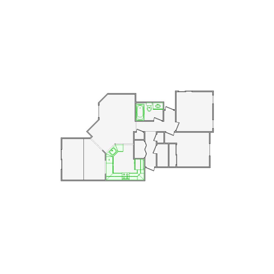 Detailed interior sketch for Xactimate (501-1000 SF) for damage assessment and restoration. Includes doors, windows, ceilings, kitchen and bathroom symbols.