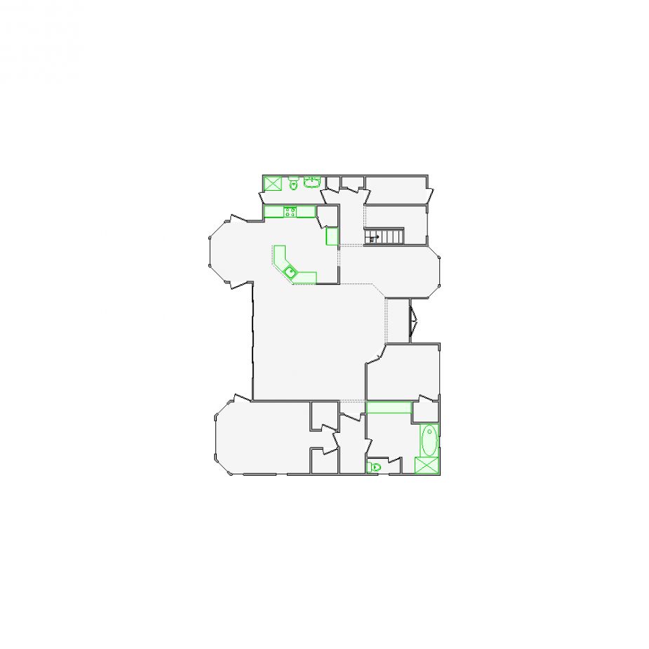 Detailed interior sketch for Xactimate (1501-2000 SF) for damage assessment and restoration. Includes doors, windows, ceilings, kitchen and bathroom symbols.