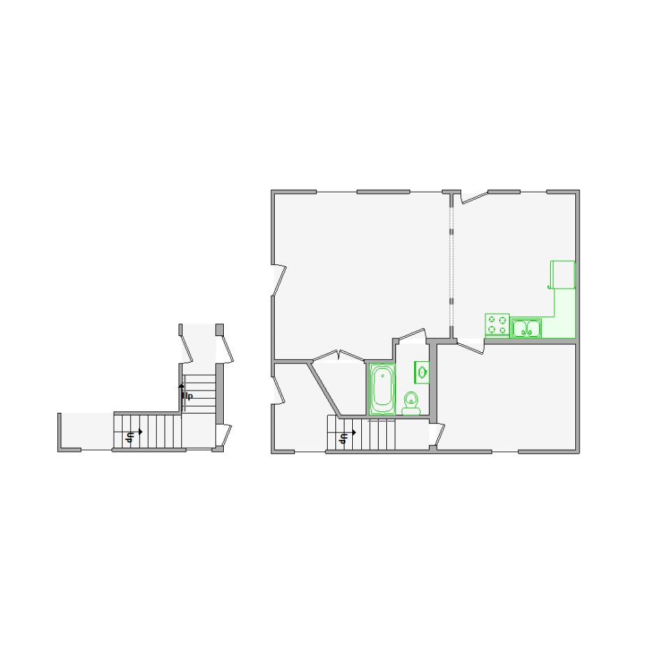 Detailed interior sketch for Xactimate (1001-1500 SF) for damage assessment and restoration. Includes doors, windows, ceilings, kitchen and bathroom symbols.