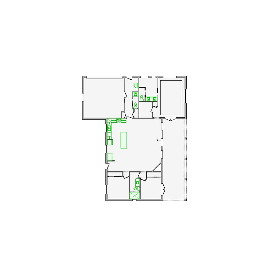 Detailed interior sketch for Xactimate (2501-3000 SF) for damage assessment and restoration. Includes doors, windows, ceilings, kitchen and bathroom symbols.