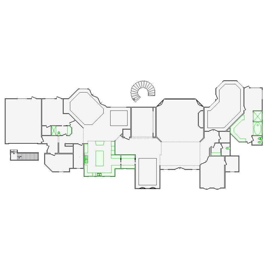 Detailed interior sketch for Xactimate (10001-12000 SF) for damage assessment and restoration. Includes doors, windows, ceilings, kitchen and bathroom symbols.