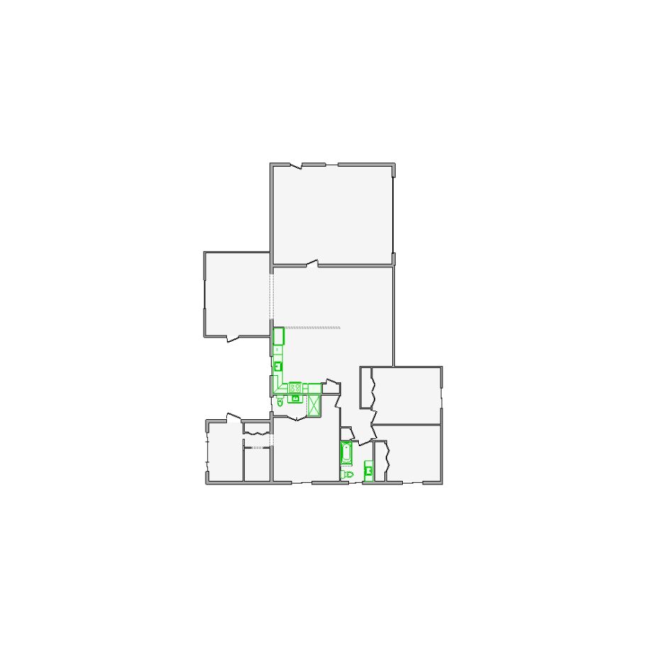 Detailed interior sketch for Xactimate (2001-2500 SF) for damage assessment and restoration. Includes doors, windows, ceilings, kitchen and bathroom symbols.