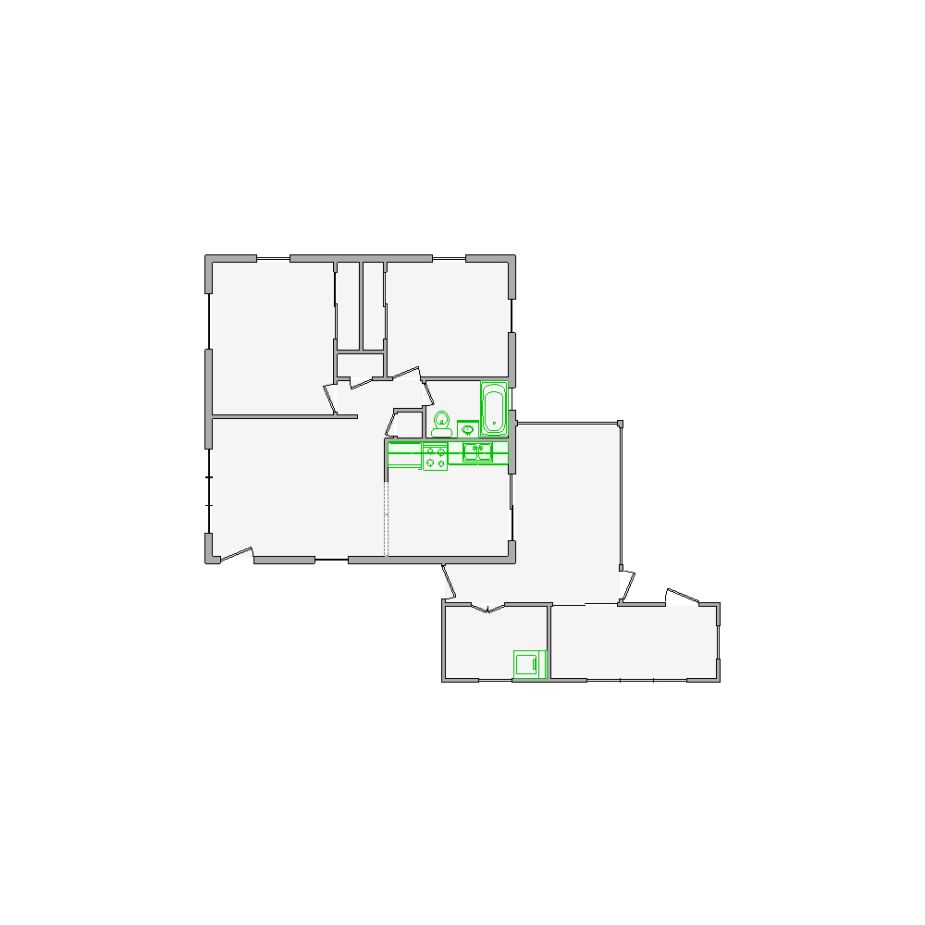 Detailed interior sketch for Xactimate (501-1000 SF) for damage assessment and restoration. Includes doors, windows, ceilings, kitchen and bathroom symbols.