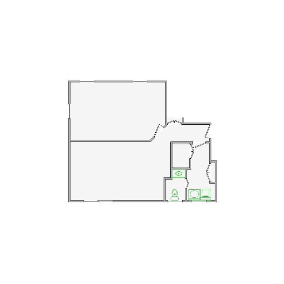 Detailed interior sketch for Xactimate (501-1000 SF) for damage assessment and restoration. Includes doors, windows, ceilings, kitchen and bathroom symbols.