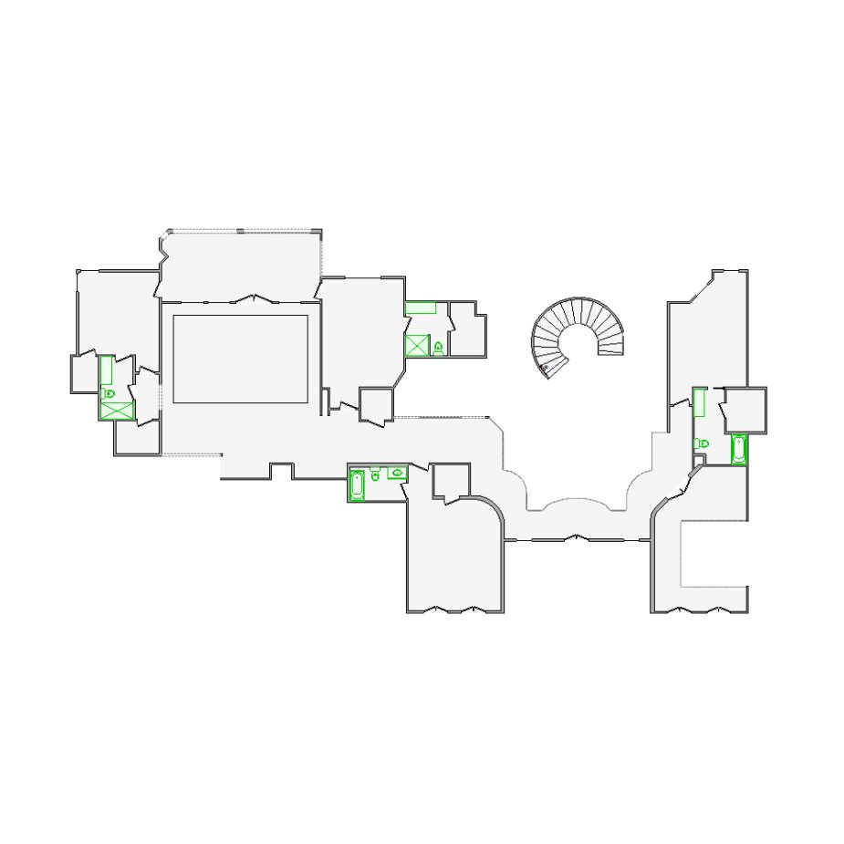 Detailed interior sketch for Xactimate (10001-12000 SF) for damage assessment and restoration. Includes doors, windows, ceilings, kitchen and bathroom symbols.