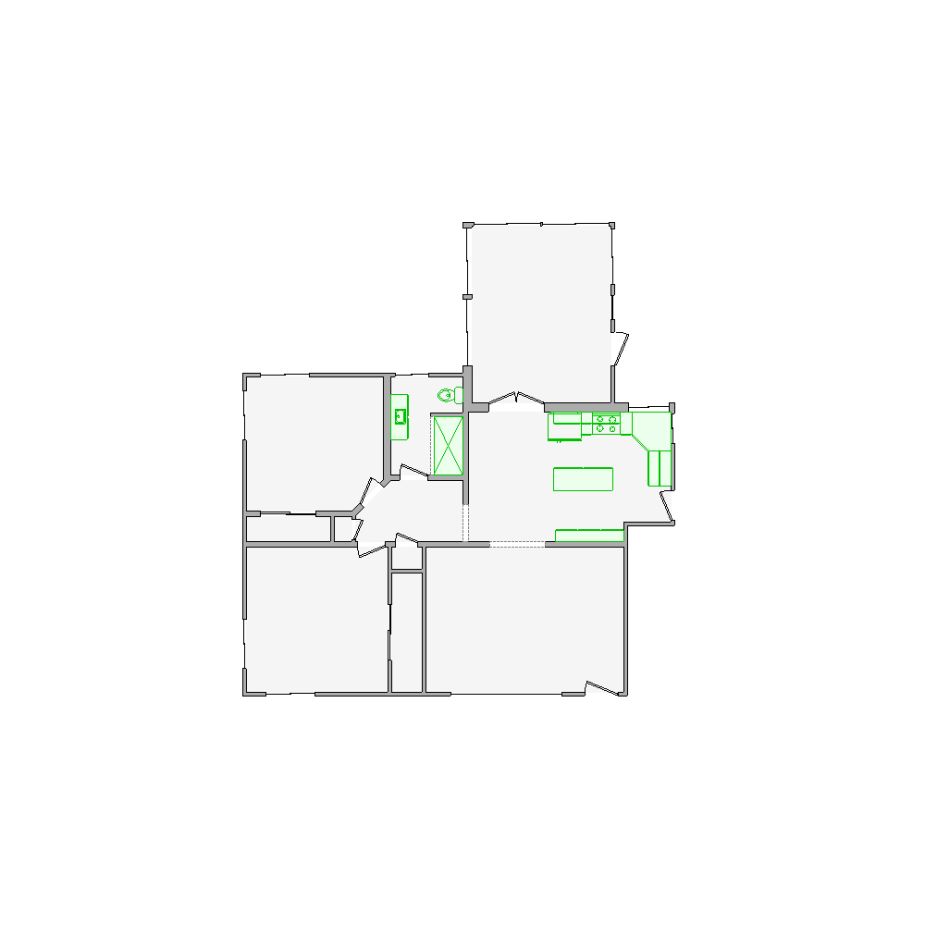 Detailed interior sketch for Xactimate (1001-1500 SF) for damage assessment and restoration. Includes doors, windows, ceilings, kitchen and bathroom symbols.
