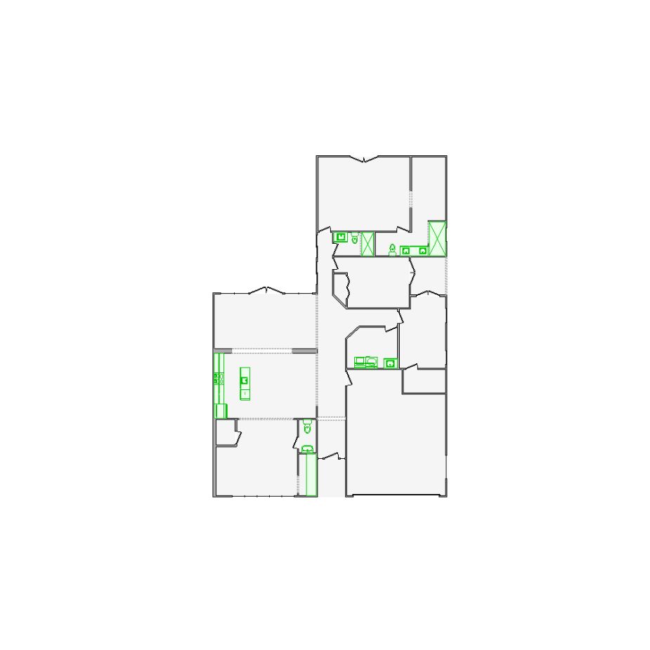 Detailed interior sketch for Xactimate (2501-3000 SF) for damage assessment and restoration. Includes doors, windows, ceilings, kitchen and bathroom symbols.