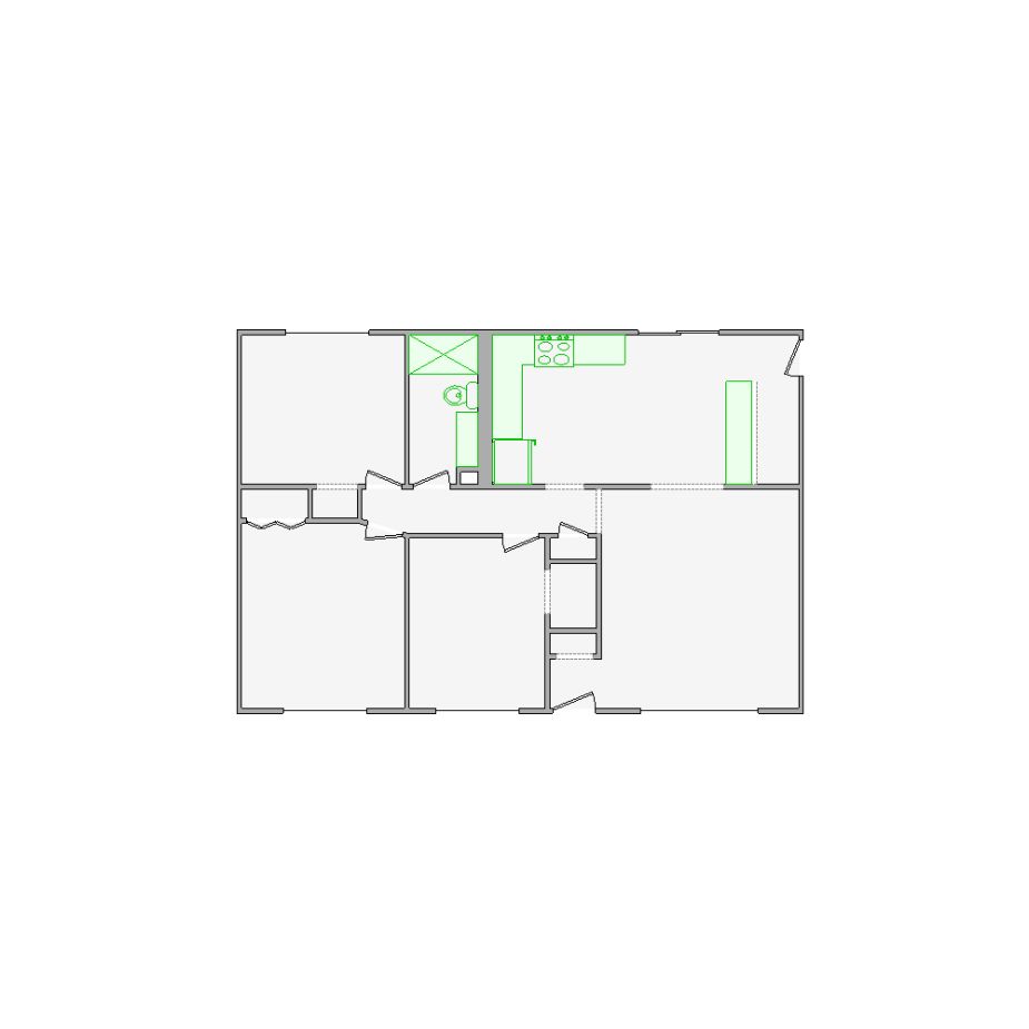 Detailed interior sketch for Xactimate (501-1000 SF) for damage assessment and restoration. Includes doors, windows, ceilings, kitchen and bathroom symbols.