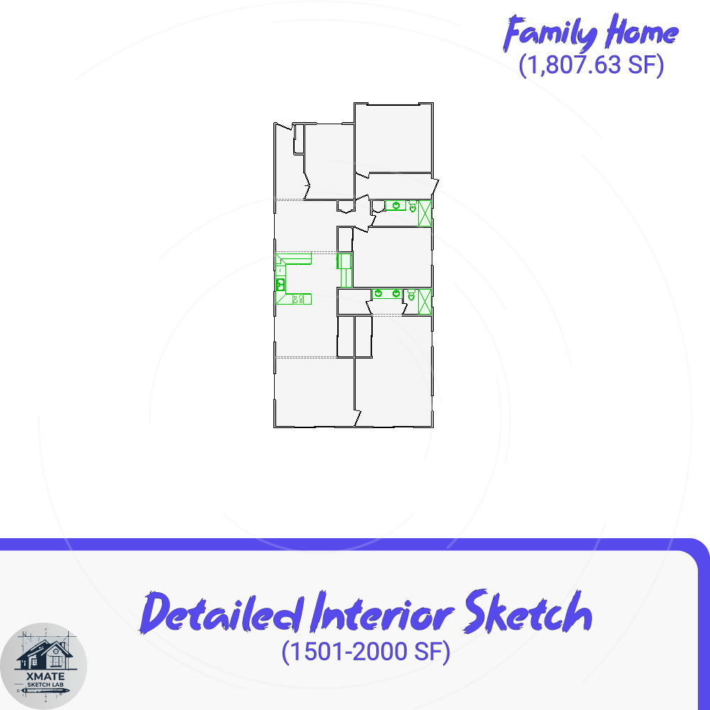 XMATE Sketch Lab Xactimate interior sketch for Florida family home, 1,501–2,000 sq ft, detailed layout.