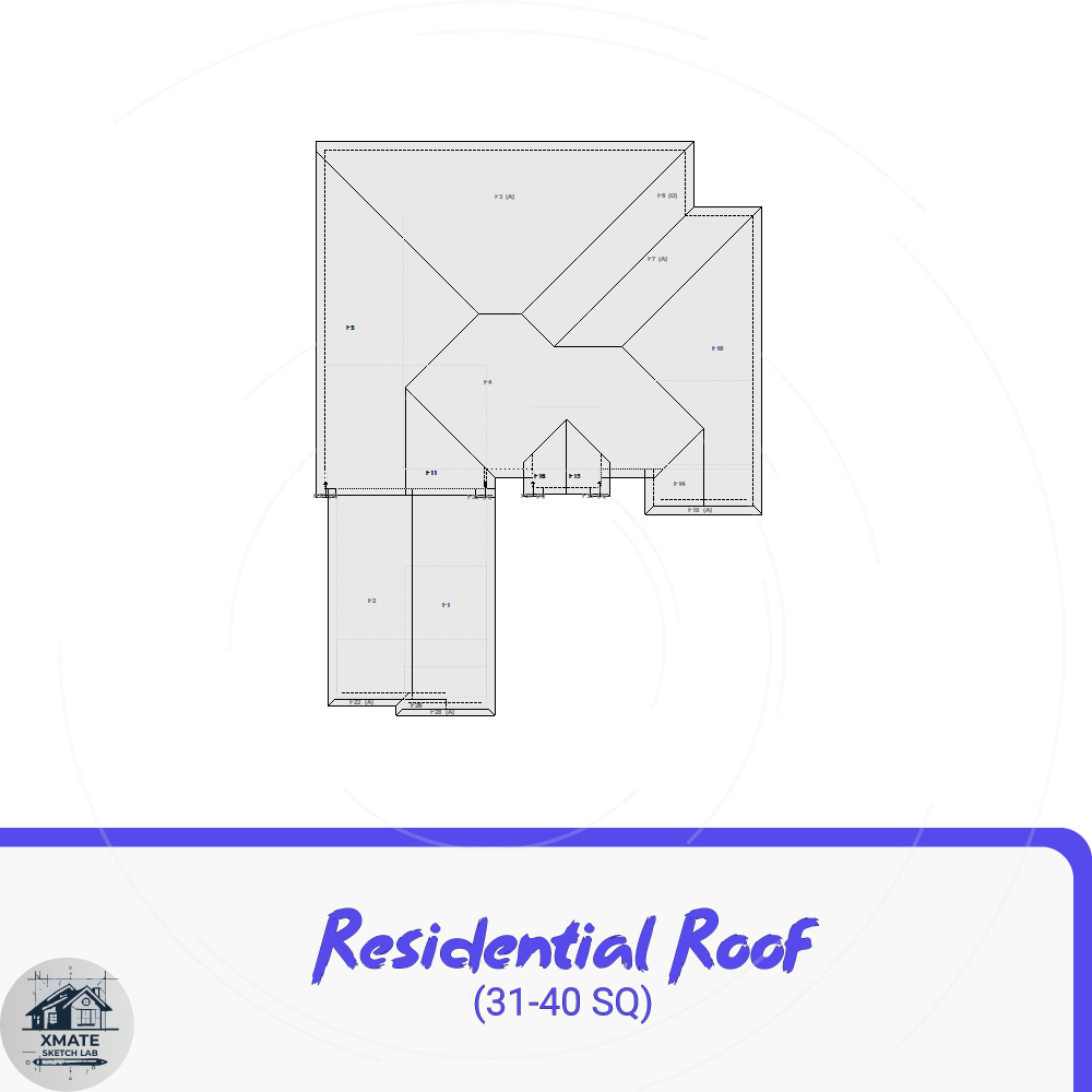 Xactimate roof sketch showing detailed roof facets, slopes, and dimensions created by XMATE Sketch Lab.