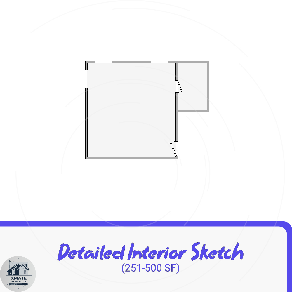 Interior sketch of a master bathroom showing water damage to walls, floors, and fixtures, created by XMATE Sketch Lab for accurate documentation and restoration planning.